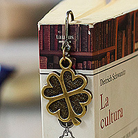 Zamac metal bookmark, 'Lucky Royal Petals' - Zamac Metal Bookmark with Antique-Finished Golden Clover