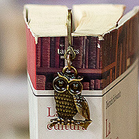 Zamac metal bookmark, 'Golden Wisdom' - Antiqued Zamac Metal Bookmark with Golden Owl Charm