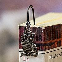 Zamac metal bookmark, 'Antique Wisdom' - Antique-Finished Zamac Metal Bookmark with Owl Charm