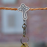 Zamac metal keychain, 'Noble Devotion' - Antique-Finished Cross-Themed Zamac Metal Keychain