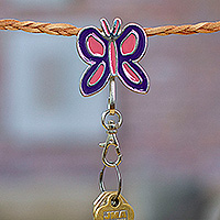 Zamac metal and resin keychain, 'Fluttering in Magic' - Butterfly-Themed Purple and Pink Resin and Zamac Keychain