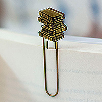 Zamac metal bookmark, 'Regal Adventures & Pages' - Book-Themed Antiqued Golden Zamac Metal Clip Bookmark