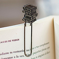Zamac metal bookmark, 'Epic Adventures & Pages' - Book-Themed Antique-Finished Zamac Metal Clip Bookmark
