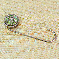 Zamac metal and resin handbag hook, 'Bloom of Harmony' - Floral Polished Zamac Metal and Green Resin Handbag Hook