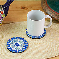 Wood coasters, 'Talavera Gathering' (pair) - Pair of Floral Wood Coasters Hand-Painted in Talavera Style