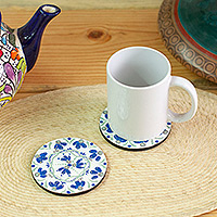 Wood coasters, 'Talavera Cheers' (pair) - Two Wood Coasters Hand-Painted in Talavera Style from Mexico