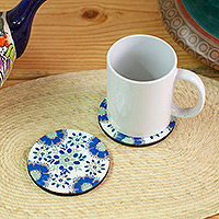 Wood coasters, 'Talavera Toast' (pair) - Floral Talavera-Style Hand-Painted Wood Coasters