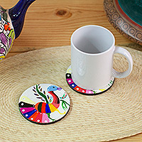 Alebrije wood coasters, 'Magical Peacocks' (pair) - Pair of Hand-Painted Alebrije Peacock-Themed Wood Coasters