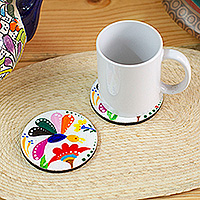 Alebrije wood coasters, 'Magical Dragonflies' (pair) - Pair of Hand-Painted Alebrije Dragonfly-Themed Wood Coasters