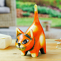Ceramic sculpture, 'Feline Audacity in Tangerine' - Hand-Painted Whimsical Ceramic Cat Sculpture in Orange