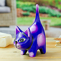 Ceramic sculpture, 'Feline Audacity in Violet' - Hand-Painted Whimsical Ceramic Cat Sculpture in Purple