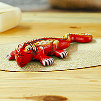 Ceramic alebrije sculpture, 'Exotic Red Friend' - Handcrafted Painted Ceramic Alebrije Red Iguana Sculpture