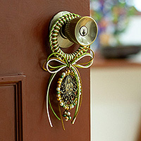 Beaded metallic door knob hanger, 'Guadalupe's Emblem' - Religious Green and Brown Glass Beaded Door Knob Hanger