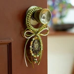 Beaded metallic door knob hanger, 'Guadalupe's Emblem' - Religious Green and Brown Glass Beaded Door Knob Hanger