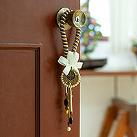 Braided door knob hanger, 'Sacred Charms' - Braided Glass Beaded Door Knob Hanger with Ribbon