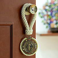 Braided cotton and metal door knob hanger, 'Saint Benedict's Blessing' - Cotton Door Knob Hanger with Saint Benedict Medallion