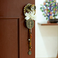 Braided metallic door knob hanger, 'Saint Benedict's Pearls' - Glass Beaded Door Knob Hanger with Saint Benedict Medallion