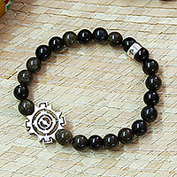 Men's onyx beaded stretch pendant bracelet, 'Sublime Sun' - Men's Onyx Stretch Bracelet with Taxco Silver Sun Pendant