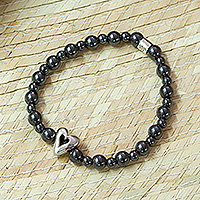 Hematite beaded stretch pendant bracelet, 'Cool Heart' - Hematite Stretch Bracelet with Taxco Silver Heart Pendant