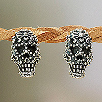 Sterling silver button earrings, 'Deadly In Love' - Romantic Day of the Dead Folk Art Skull Button Earrings