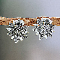 Sterling silver button earrings, 'Winter's Eve' - Polished Sterling Silver Floral Button Earrings from Mexico