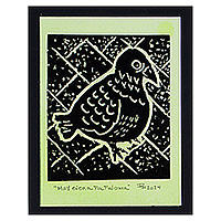 Wood block print, 'Such Big Eyes For a Pigeon I' - Traditional Animal-Themed Wood Block Print in Green