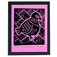 Wood block print, 'Such Big Eyes For a Pigeon II' - Traditional Animal-Themed Wood Block Print in Pink