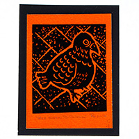 Wood block print, 'Such Big Eyes For a Pigeon III' - Traditional Animal-Themed Wood Block Print in Orange