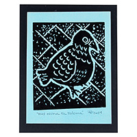 Wood block print, 'Such Big Eyes For a Pigeon IV' - Traditional Animal-Themed Wood Block Print in Blue