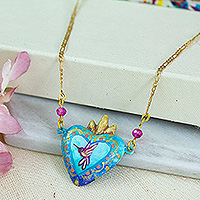 Gold-plated papier mache pendant necklace, 'Little Miracle' - Gold-Plated Necklace with Papier Mache Sacred Heart Pendant