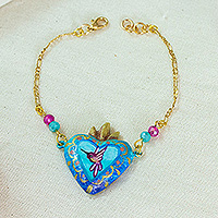 Gold-plated papier mache pendant bracelet, 'Little Miracle' - Gold-Plated Bracelet with Papier Mache Sacred Heart Pendant