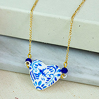 Gold-plated papier mache pendant necklace, 'Blue Talavera Heart' - Gold-Plated Papier Mache Talavera Style Heart Necklace