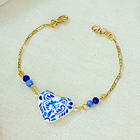 Gold-plated papier mache pendant bracelet, 'Blue Talavera Heart' - Gold-Plated Papier Mache Talavera Style Heart Bracelet