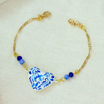Gold-plated papier mache pendant bracelet, 'Blue Talavera Heart' - Gold-Plated Papier Mache Talavera Style Heart Bracelet