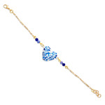 Gold-plated papier mache pendant bracelet, 'Blue Talavera Heart' - Gold-Plated Papier Mache Talavera Style Heart Bracelet