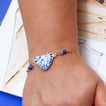Gold-plated papier mache pendant bracelet, 'Blue Talavera Heart' - Gold-Plated Papier Mache Talavera Style Heart Bracelet