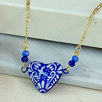 Gold-plated papier mache pendant necklace, 'Cobalt Talavera Heart' - Gold-Plated Papier Mache Talavera Style Blue Heart Necklace