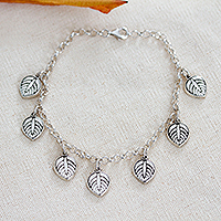 Sterling silver charm bracelet, 'Luscious Leaf' - Leaf-Themed Taxco Silver Charm Bracelet from Mexico