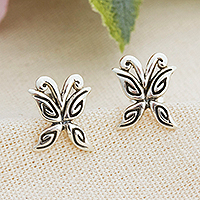 Sterling silver stud earrings, 'Bright Butterfly' - Butterfly-Themed Taxco Silver Stud Earrings from Mexico