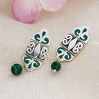 Malachite dangle earrings, 'Green of Grandeur' - Green Natural Malachite and Sterling Silver Dangle Earrings