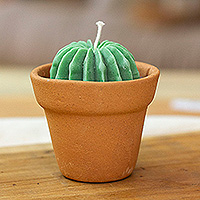 Wax candle, 'Luminous Bisnaga' - Whimsical Plant-Shaped Wax Candle with Tiny Flower Pot