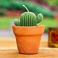 Wax candle, 'Incandescent Cactus' - Artisan-Made Cactus-Shaped Wax Candle with Mini Flower Pot