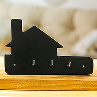 Marble key rack, 'Night Keys' - Minimalist Black Marble Key Rack Hand-Carved from Mexico