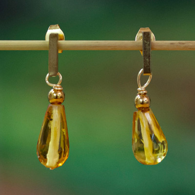 Gold-plated amber dangle earrings, 'Promised Drops' - High-Polished 14k Gold-Plated Natural Amber Dangle Earrings