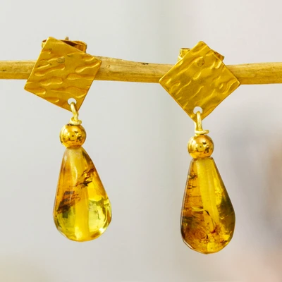 Gold-plated amber dangle earrings, 'Promise' - 14k Gold-Plated Diamond-Shaped Amber Dangle Earrings