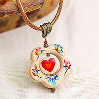 Wood pendant necklace, 'Hummingbird Floral Heart' - Hand-Painted Hummingbird Heart Floral Wood Pendant Necklace