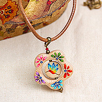 Wood pendant necklace, 'Hummingbird Bloom' - Hummingbird Floral Hand-Painted Wood Pendant Necklace