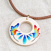 Wood pendant necklace, 'Hummingbird Love' - Hand-Painted Wood Pendant Necklace with Hummingbird Motif