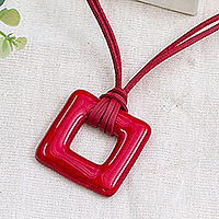 Art glass pendant necklace, 'Crimson Square' - Handmade Modern Red Fused Art Glass Square Pendant Necklace