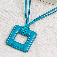 Art glass pendant necklace, 'Teal Square' - Modern Fused Art Glass Square Pendant Necklace in Teal Shade